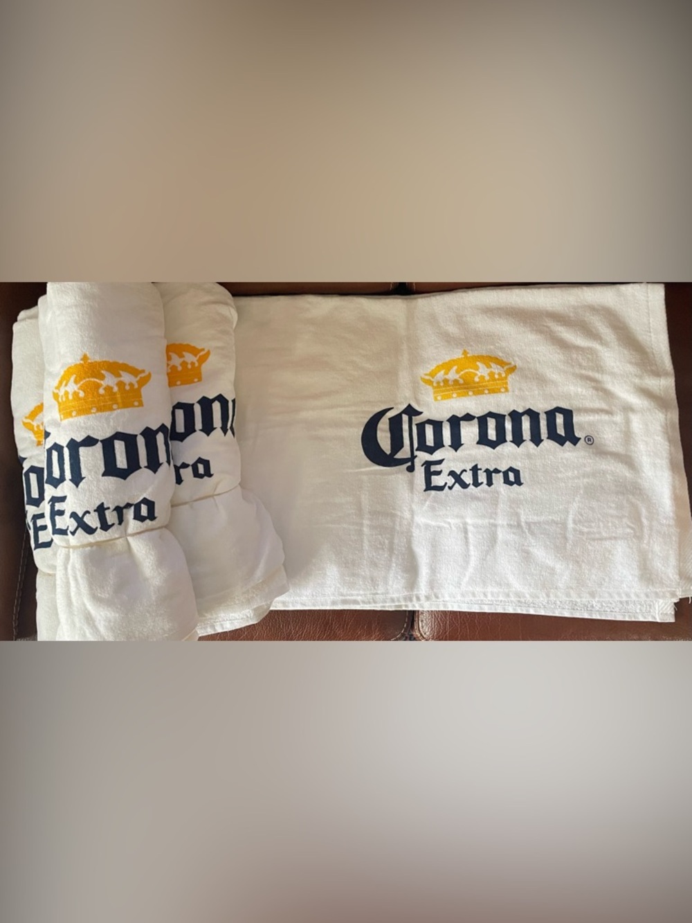 Corona White BEACH Towel 100% cotton with Navy Logo and Yellow Crown